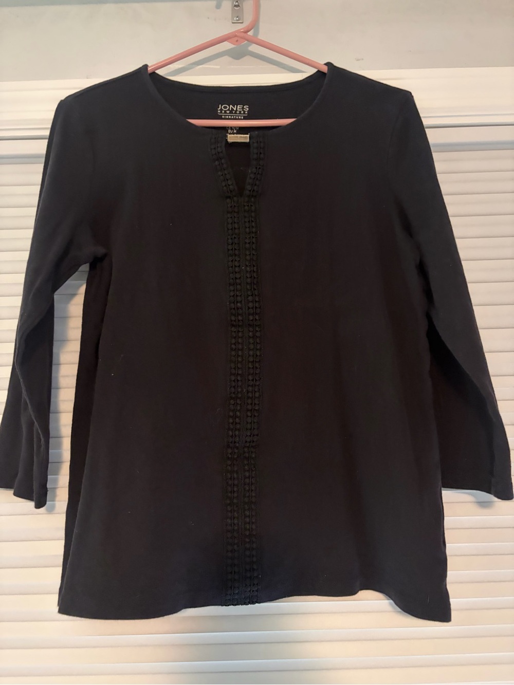 Jones New York Black Long-Sleeve Top with Center Crochet Trim
